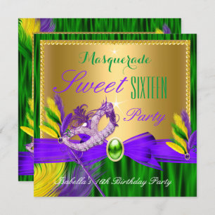 Invitation Masquerade Party Sweet 16 Purple Green Gold