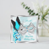Invitation Masquerade Party Turquoise argent noir Masque (Debout devant)