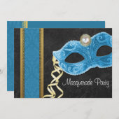 Invitation Masquerade Party - turquoise & or (Devant / Derrière)