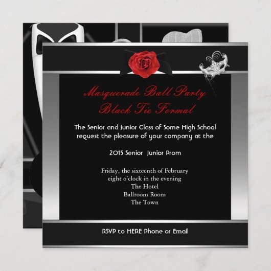 Invitation Masquerade Prom Lycée Danse Argent Rouge (Devant / Derrière)