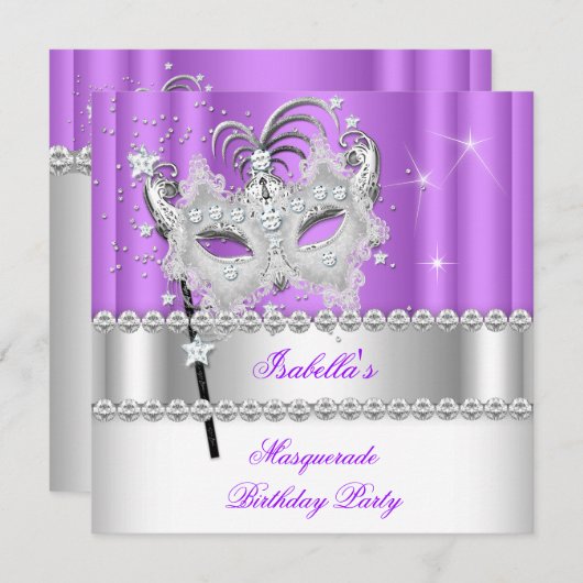 Invitation Masquerade Purple Diamond Masque Anniversaire Part (Devant / Derrière)