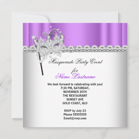 Invitation Masquerade Purple Diamond Masque Anniversaire Part (Dos)