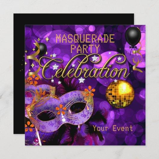 Invitation MASQUERADE Purple Gold Dance Party Disco Ball (Devant / Derrière)