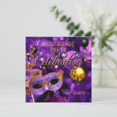Invitation MASQUERADE Purple Gold Dance Party Disco Ball (Debout devant)