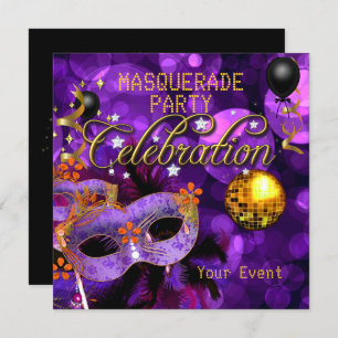 Invitation MASQUERADE Purple Gold Dance Party Disco Ball
