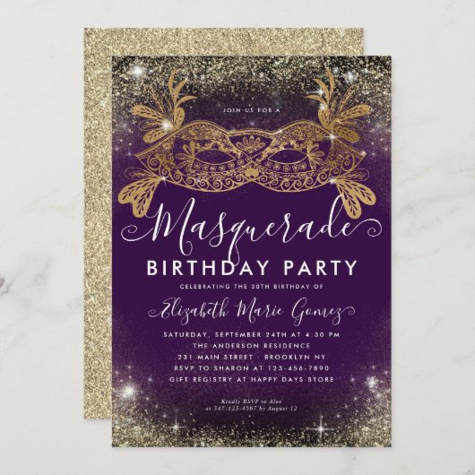 Invitation Masquerade Purple Gold Parties scintillant Dust An (Devant / Derrière)