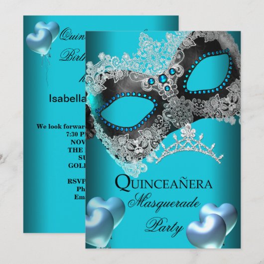 Invitation Masquerade Quinceanera 15 fête d'anniversaire Turq (Devant / Derrière)