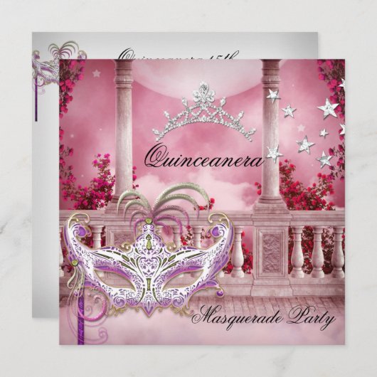 Invitation Masquerade Quinceanera 15 rose fête d'anniversaire (Devant / Derrière)