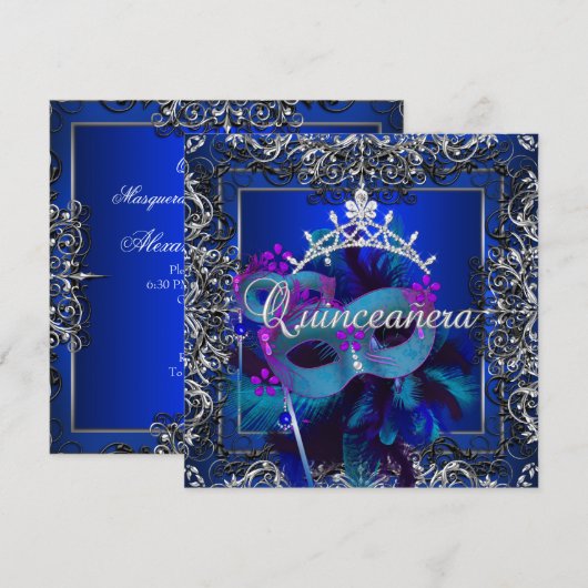 Invitation Masquerade Quinceanera 15e anniversaire Party Blue (Devant / Derrière)