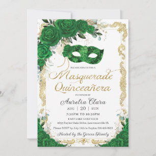 Invitation Masquerade Quinceañera Emerald Green Floral Gold