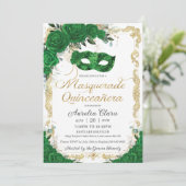 Invitation Masquerade Quinceañera Emerald Green Floral Gold (Debout devant)