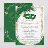 Invitation Masquerade Quinceañera Emerald Green Floral Gold (Devant / Derrière)
