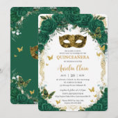 Invitation Masquerade Quinceañera Emerald Green Floral Gold (Devant / Derrière)