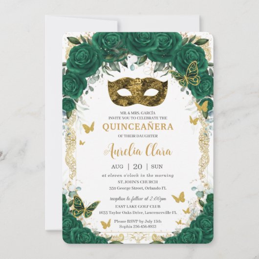 Invitation Masquerade Quinceañera Emerald Green Floral Gold (Devant)