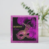 Invitation Masquerade quinceañera fête violet feuille d'or (Debout devant)