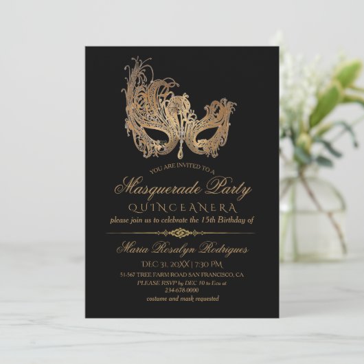 Invitation Masquerade Quinceanera Or & Noir (Debout devant)