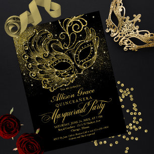 Invitation Masquerade Quinceanera Or Noir