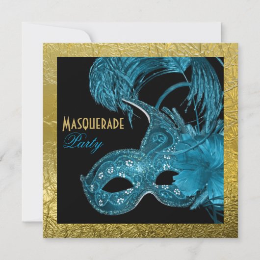 Invitation Masquerade quinceañera party bleu, feuille d'or (Devant)