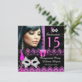 Invitation Masquerade Quinceanera Party Hot Rose dentelle (Debout devant)