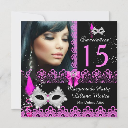 Invitation Masquerade Quinceanera Party Hot Rose dentelle (Devant)