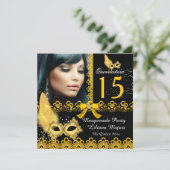 Invitation Masquerade Quinceanera Party Jaune Or Dentelle (Debout devant)