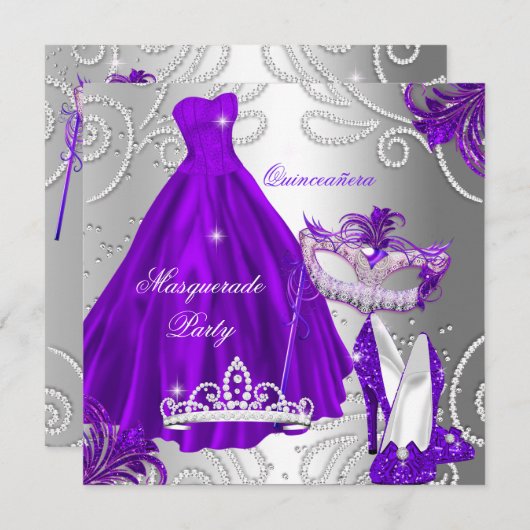 Invitation Masquerade Quinceanera Party Robe d'argent violet (Devant / Derrière)