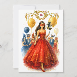 Invitation Masquerade Quinceañera Ruby Red Gold Ball
