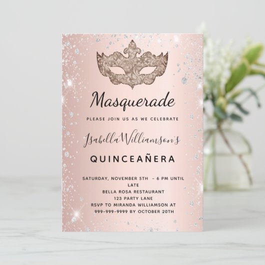 Invitation Masquerade rose or argent parties scintillant Quin (Debout devant)