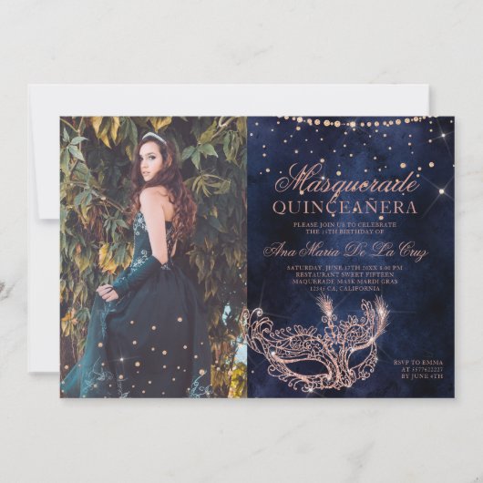 Invitation Masquerade rose or parties scintillant quinceanera (Devant)