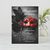 Invitation Masquerade Rouge Noir Élégant Chic 50e anniversair (Debout devant)