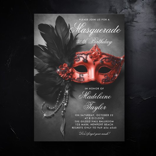 Invitation Masquerade Rouge Noir Élégant Chic 50e anniversair