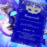 Invitation Masquerade royal bleu argent Sweet 16 fête<br><div class="desc">Pour une Masquerade élégante, Sweet 16, 16e anniversaire. Un arrière - plan bleu royal. Décoré avec de la poussière de parties scintillant en faux argent et un masque masqué. Personnalisez et ajoutez un nom, un âge et des détails de la fête. Le nom est écrit avec un script de style...</div>