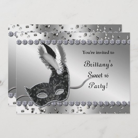 Invitation Masquerade Silver & Black Mask Party (Devant / Derrière)