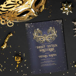 Invitation Masquerade Sparkly Gold Parties scintillant Marine<br><div class="desc">Cette invitation à la fête d'anniversaire de sweet sixteen, moderne et chic, est parfaite pour la jeune fille moderne et élégante. Il est doté d'un masque de mascarade de parties scintillant en or scintillant sur mesure sur un arrière - plan bleu marine et des confettis de parties scintillant. C'est élégant,...</div>