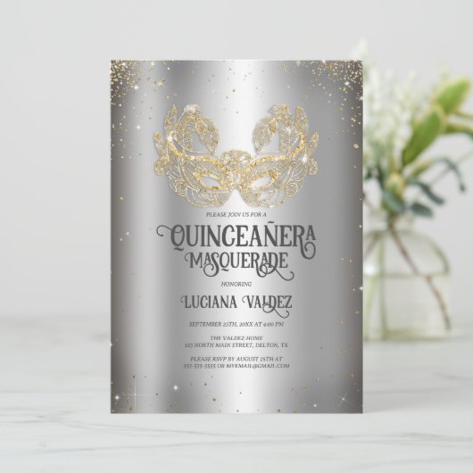 Invitation Masquerade Sparkly Parties scintillant or argent Q (Debout devant)