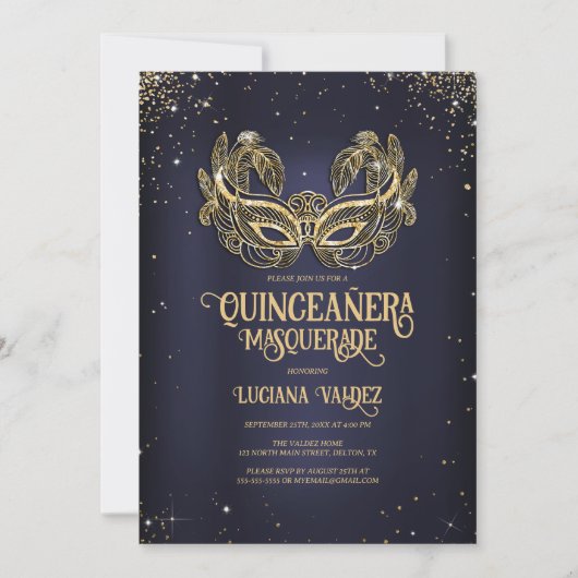 Invitation Masquerade Sparkly Parties scintillant or bleu Qui (Devant)