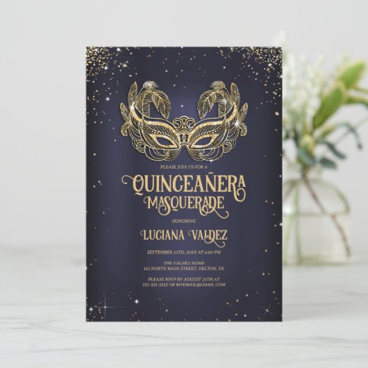 Invitation Masquerade Sparkly Parties scintillant or bleu Qui (Debout devant)