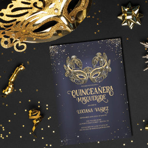 Invitation Masquerade Sparkly Parties scintillant or bleu Qui