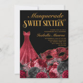 Invitation Masquerade Sweet 16 Black Red Gold 16e anniversair (Devant)