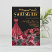 Invitation Masquerade Sweet 16 Black Red Gold 16e anniversair (Debout devant)