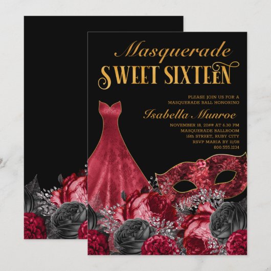 Invitation Masquerade Sweet 16 Black Red Gold 16e anniversair (Devant / Derrière)