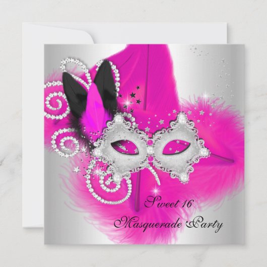 Invitation Masquerade Sweet 16 Chaud rose noir masque de plum (Devant)