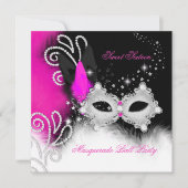 Invitation Masquerade Sweet 16 Hot rose noir masque de plume  (Devant)