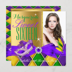 Invitation Masquerade Sweet 16 Purple Green Gold