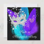 Invitation Masquerade Sweet 16 Purple Turquoise Masque de plu (Devant)