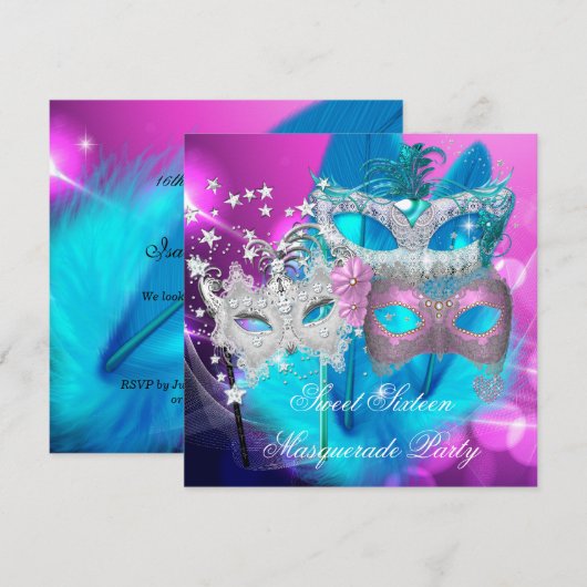 Invitation Masquerade Sweet 16 Rose Purple Turquoise Masque (Devant / Derrière)