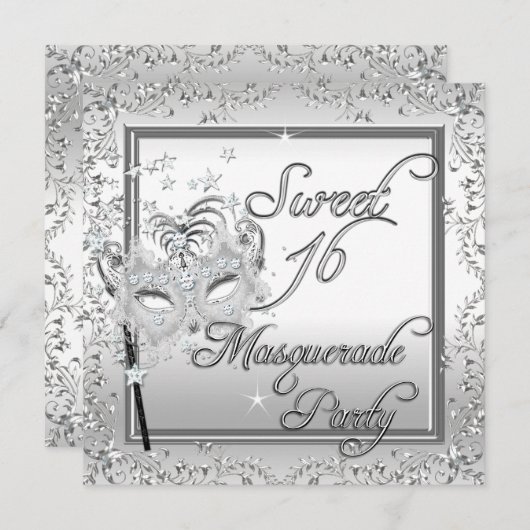 Invitation Masquerade Sweet 16 Seize Anniversaire Blanc (Devant / Derrière)