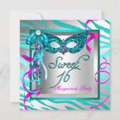 Invitation Masquerade Sweet 16 Seize bleu Turquoise Zèbre (Devant)