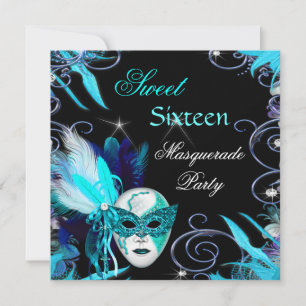 Invitation Masquerade Sweet 16 Seize Turquoise Blue Mask Part