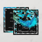 Invitation Masquerade Sweet 16 Turquoise Masque de plumes noi (Devant / Derrière)